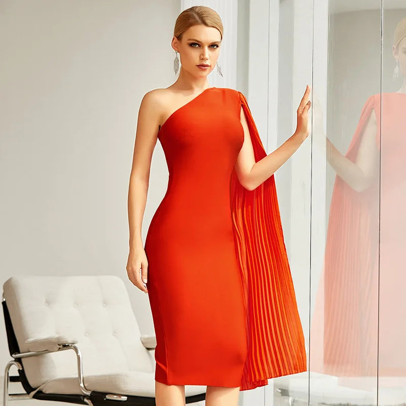 One-Shoulder Orange Bodycon Midi Dress VestiVogue