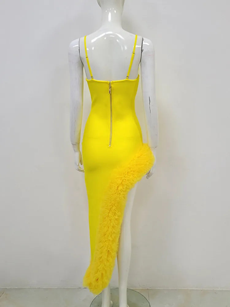 Yellow Ruffles V Neck Bandage Dress for Summer Evenings VestiVogue  