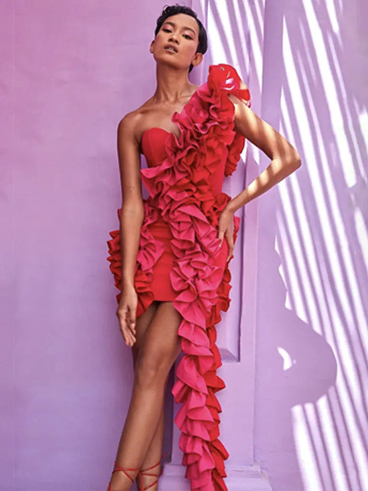 One-Shoulder Red Ruffle Bodycon Dress VestiVogue Red S
