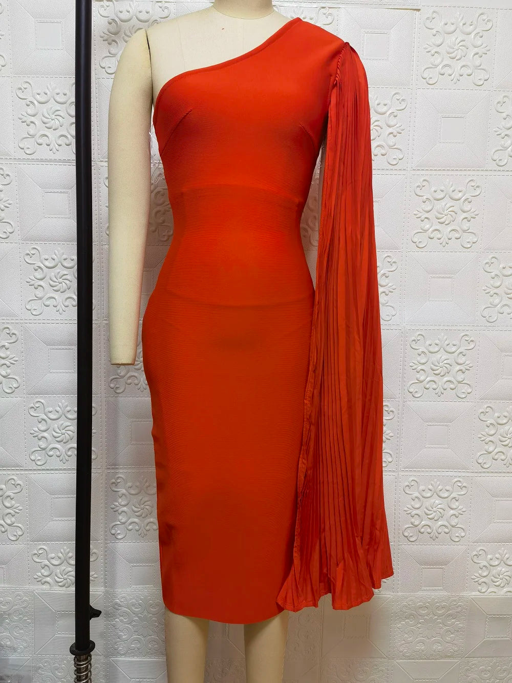 One-Shoulder Orange Bodycon Midi Dress VestiVogue