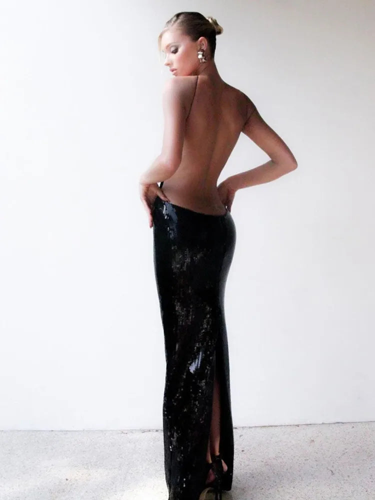 Luxury Backless Halter Sequin Maxi Dress VestiVogue