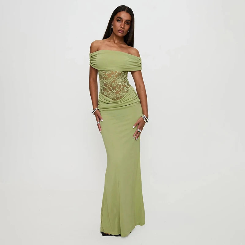 Off-Shoulder Lace Patchwork Long Dress VestiVogue Green S