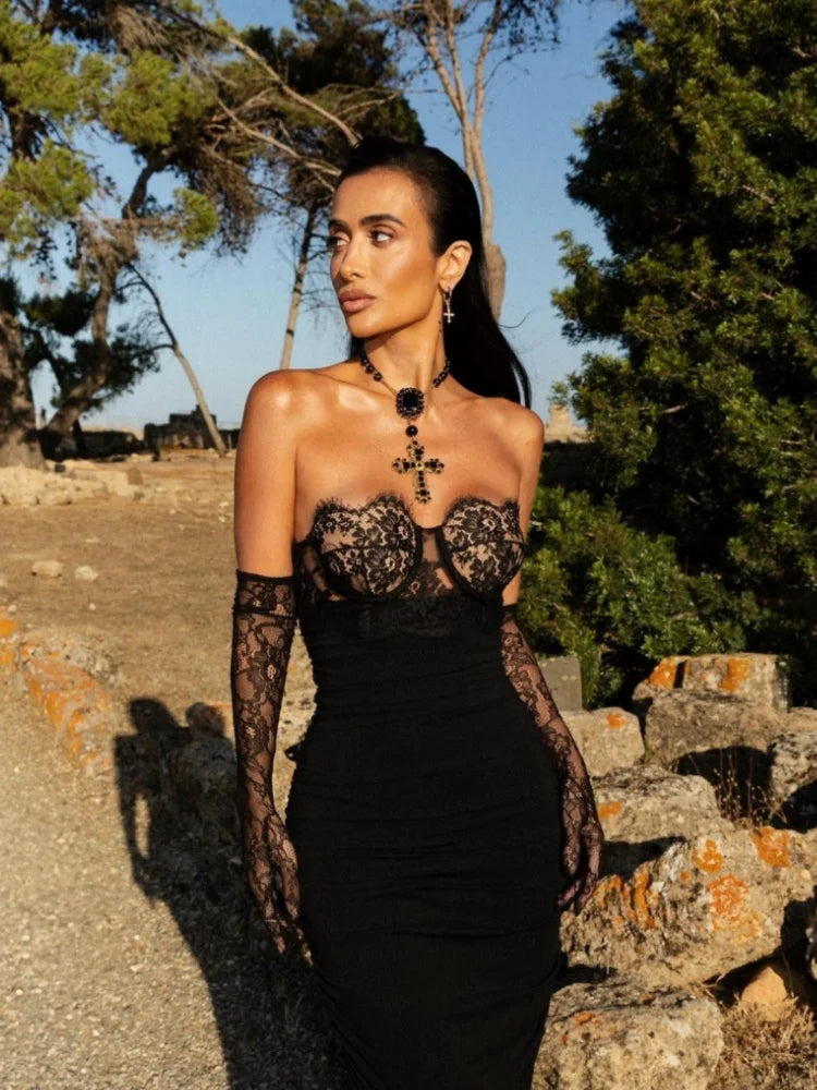 Lace Strapless Bodycon Dress with Gloves for Summer 2024 VestiVogue  