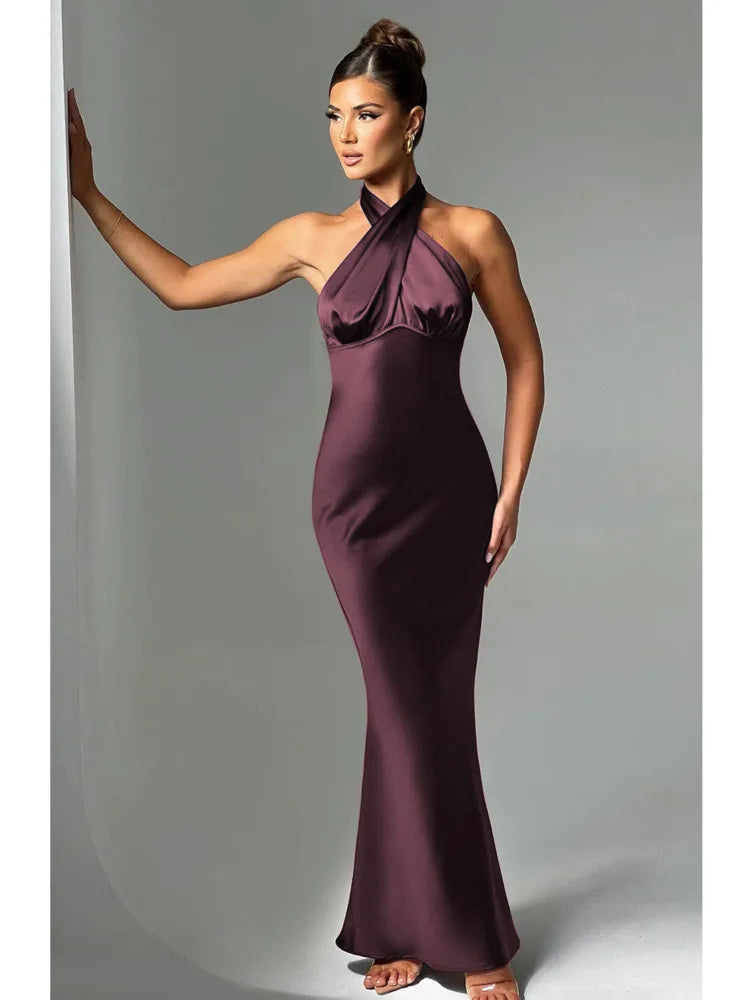 Elegant Backless Satin Maxi Dress for Women VestiVogue  