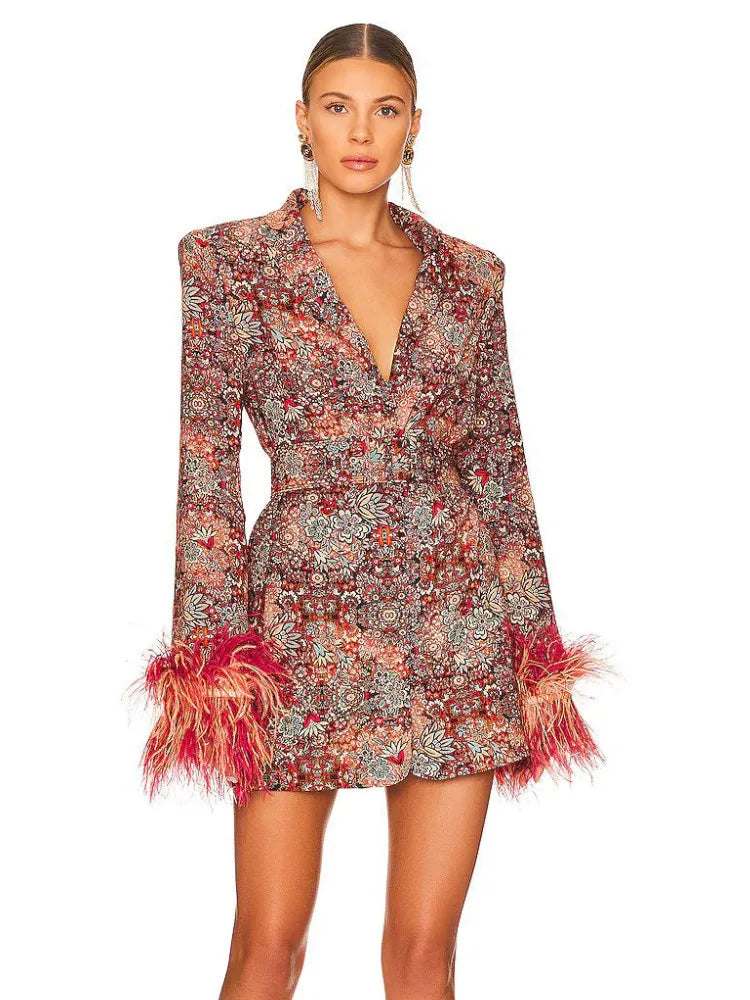 Women's Winter Floral Blazer Dress with Ostrich Feather Trim VestiVogue MULTI L