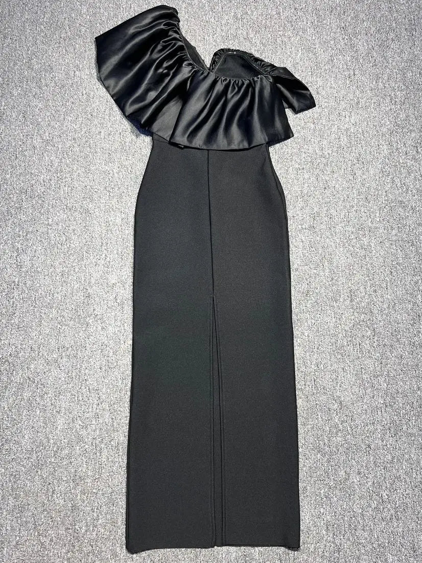 One Shoulder Black Bodycon Maxi Dress VestiVogue  