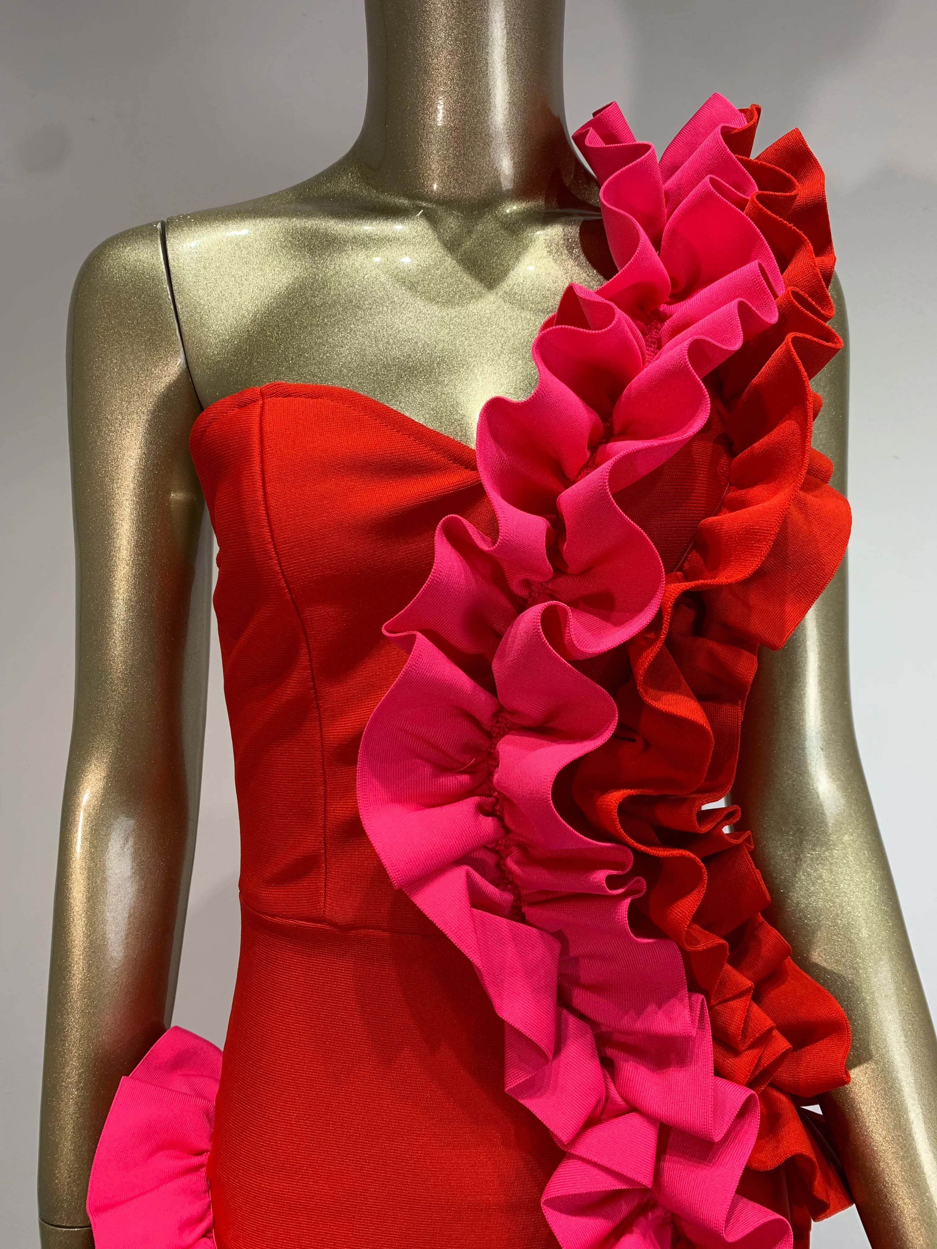 One-Shoulder Red Ruffle Bodycon Dress VestiVogue