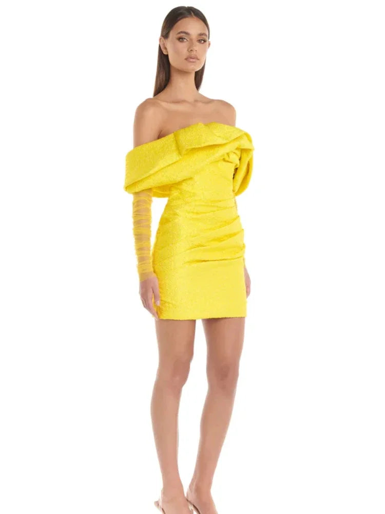 Elegant Yellow Strapless Mini Dress with Mesh Patchwork VestiVogue