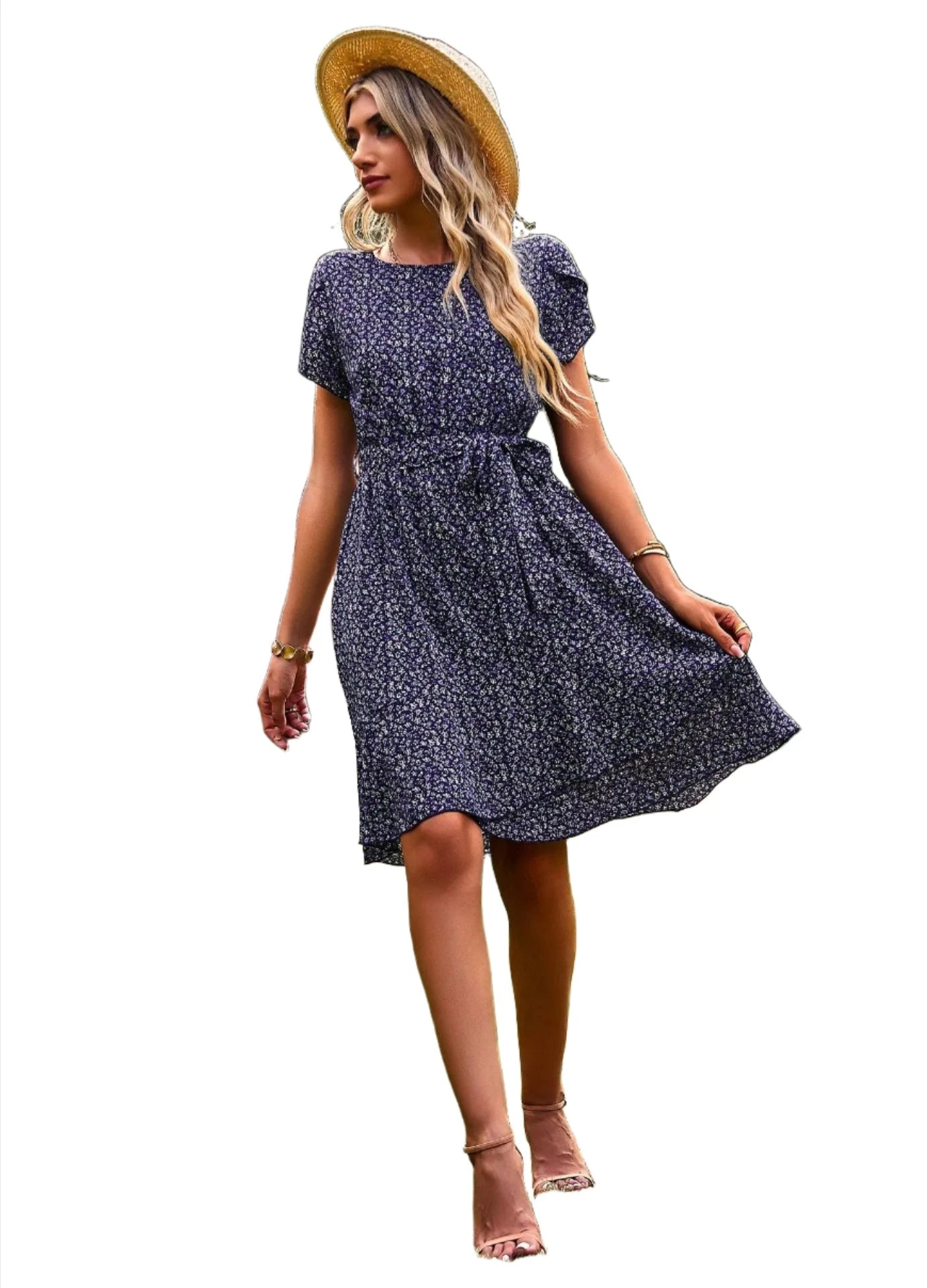 Round-neck floral print dress VestiVogue Dark Blue XL