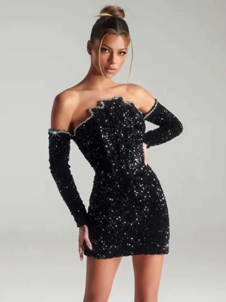 Sexy Off Shoulder Sequin Black Mini Dress VestiVogue black L