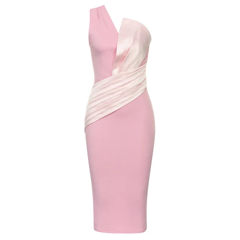 One-Shoulder Pink Bodycon Midi Dress VestiVogue