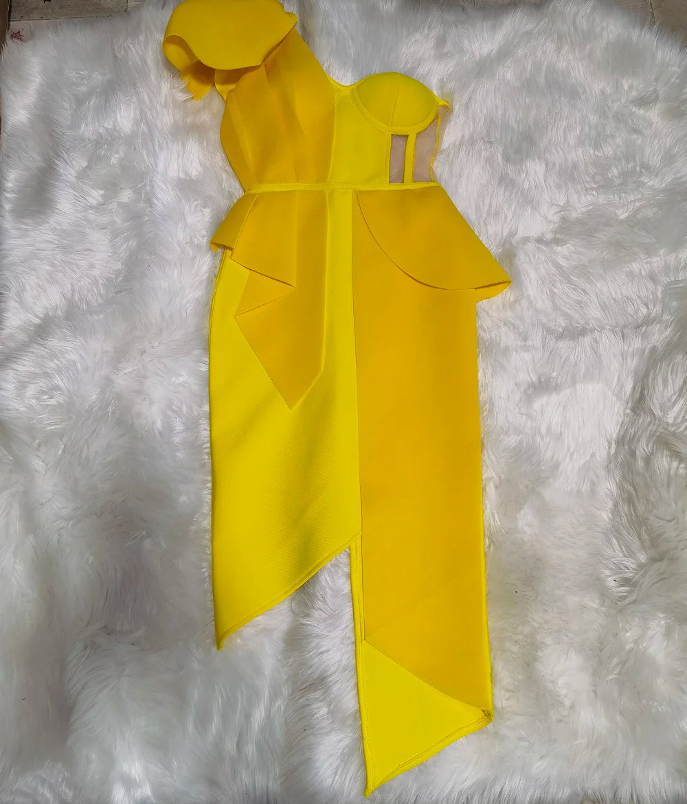 One-Shoulder Mesh Ruffle Bandage Dress VestiVogue yellow XL