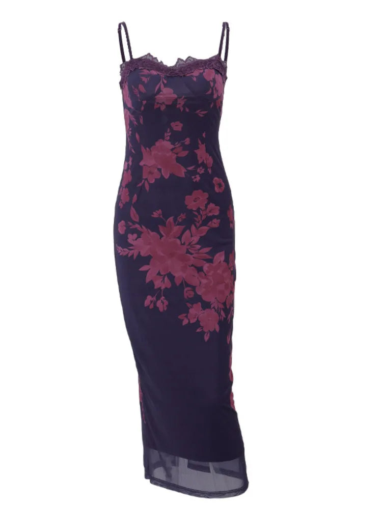 Elegant Printed Lace Edge Backless Maxi Dress VestiVogue  