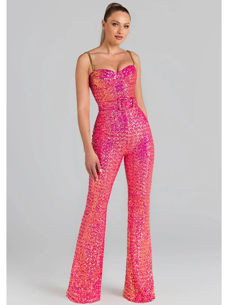 Pink Backless Sequins Bodycon Jumpsuit for Women VestiVogue  