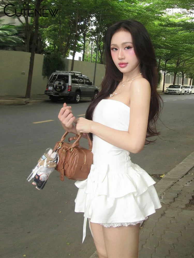 Chic Bow Detail Mini Dress with Double Ruffle Hem