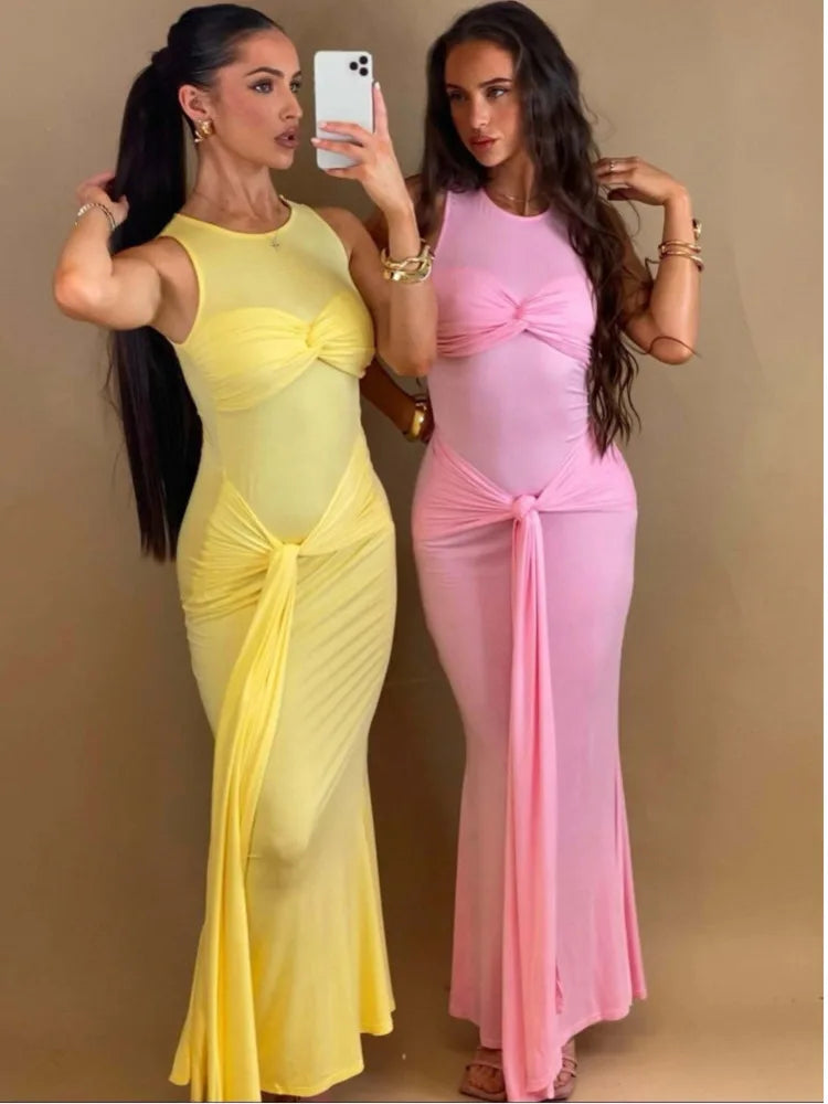 Mesh Patchwork Lace-Up Bodycon Maxi Dress VestiVogue L Yellow