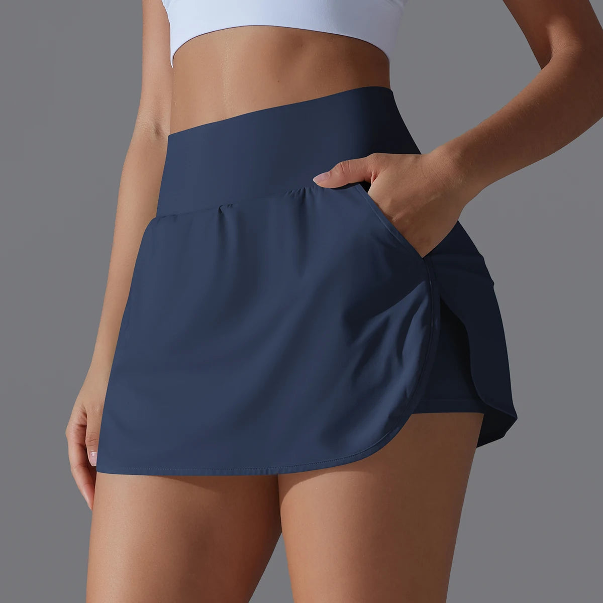 Double Deck High Waist Quick-Dry Running Shorts with Pocket VestiVogue Navy XL