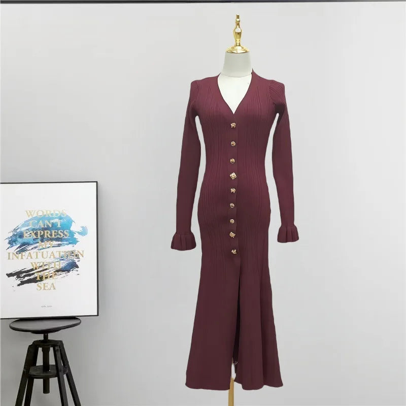 Elegant V-Neck Flare Sleeve Knitted Dress VestiVogue Burgundy S