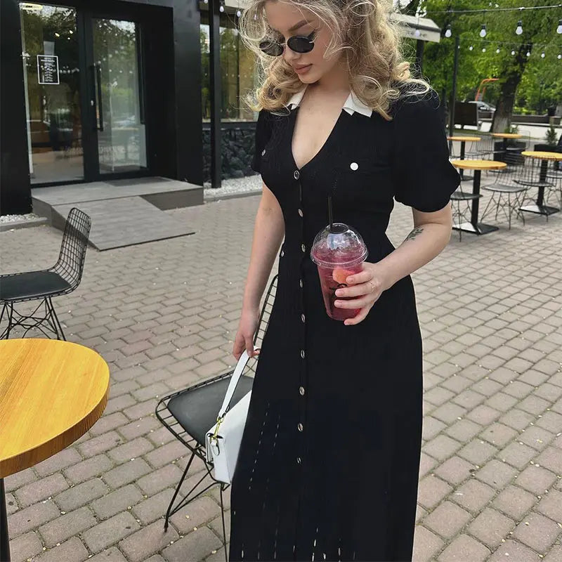 Elegant Contrast Knitted Dress with Lapel & Hollow-Out Detail VestiVogue black M