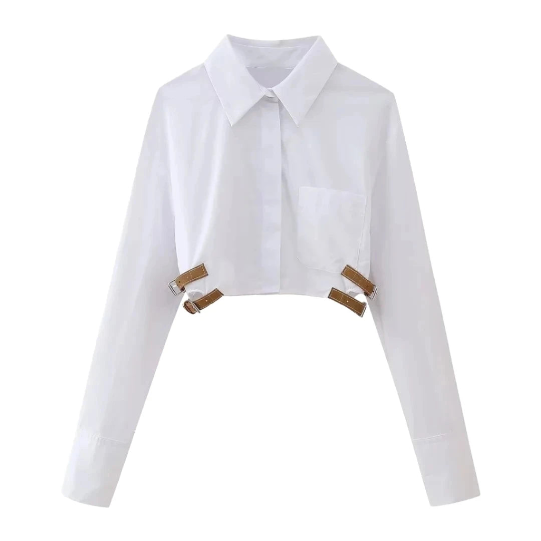 Stylish Belt Crop Shirt with Buttons VestiVogue WHITE L
