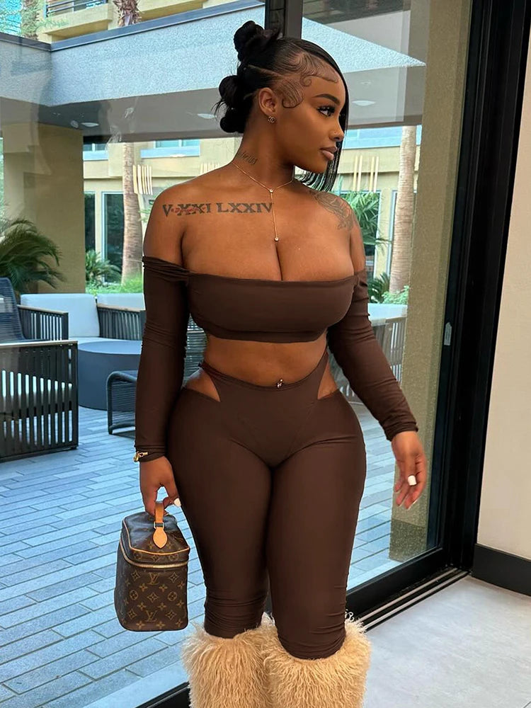 Chic Slash Neck Crop Top & High-Waist Hollow Leggings Set VestiVogue Brown S