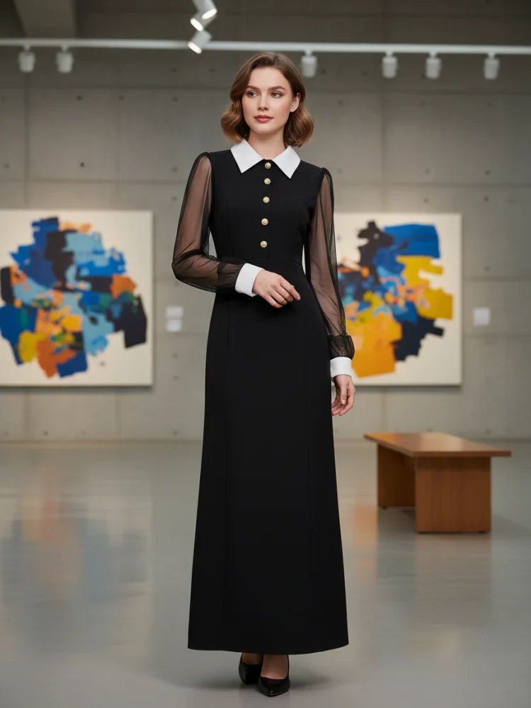 Elegant Mesh Sleeve Evening Dress with Notch Collar and High Waist Split VestiVogue