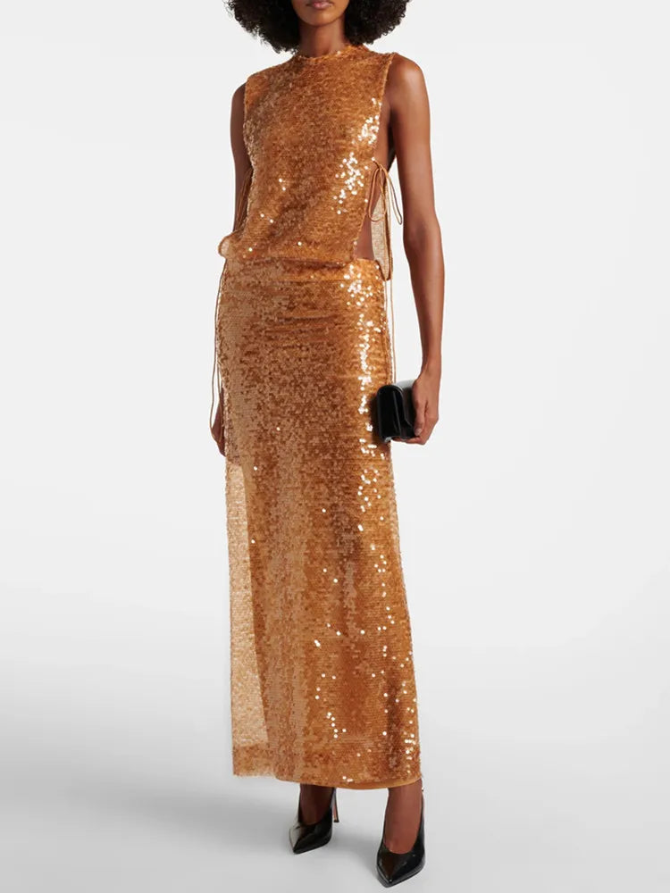 Elegant Orange Mesh Sequin Maxi Skirt Set VestiVogue