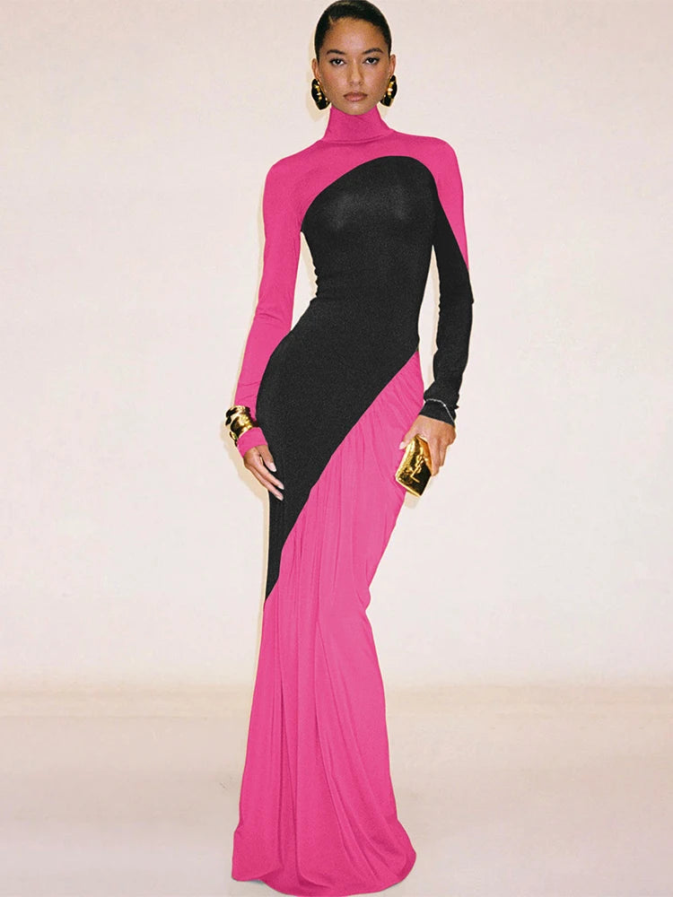 Contrast Patchwork Turtleneck Long Sleeve Dress VestiVogue Rose Red M