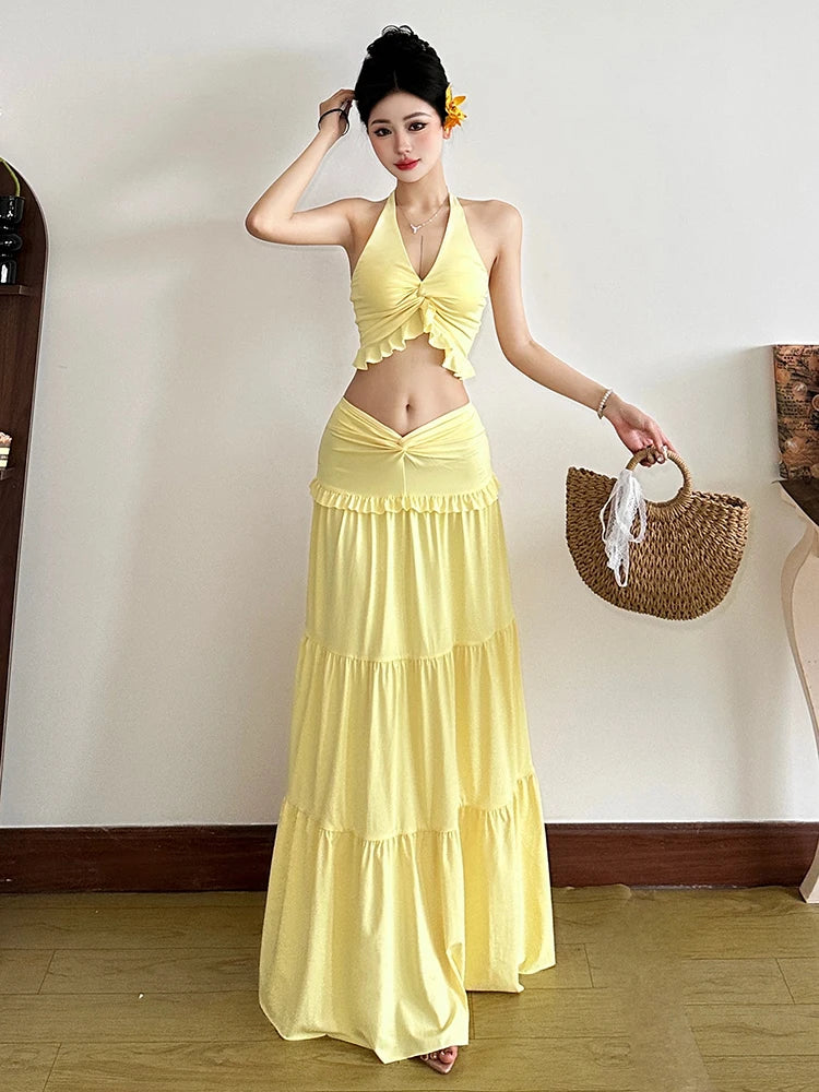 Chic Halter Ruffle Trim Two-Piece Summer Set VestiVogue