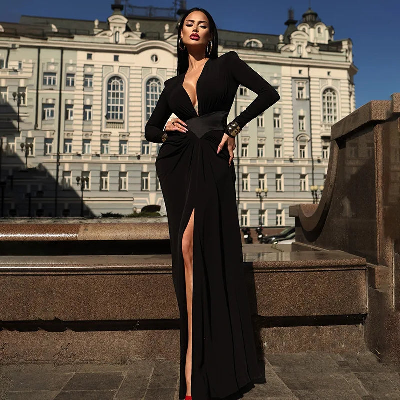 Elegant Deep V-neck High Slit A-line Dress in Black VestiVogue
