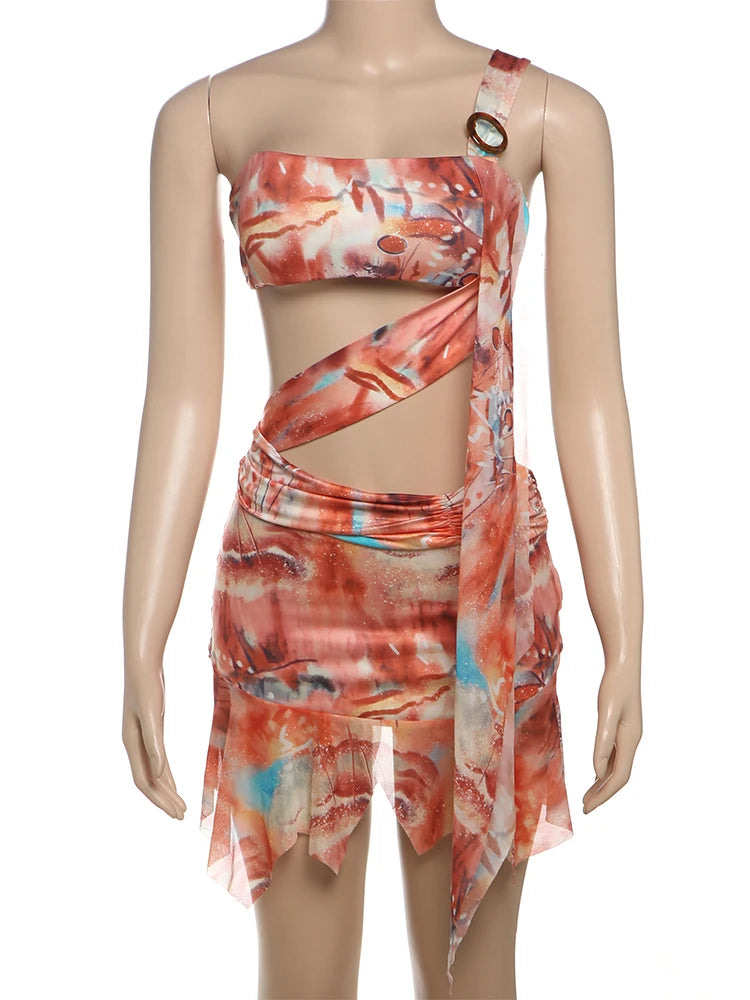 Colourful Print Bodycon Dress with Ring & Tassel Detail VestiVogue