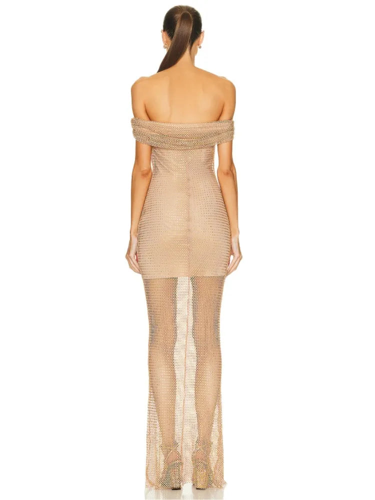 Luxury Crystal Diamonds Nude Long Maxi Dress VestiVogue  