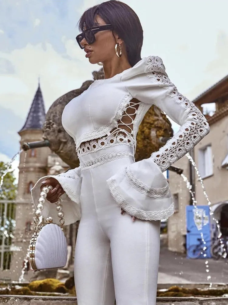 Chic Long Sleeve Flare Two-Piece Bandage Set in Classic Black and White VestiVogue