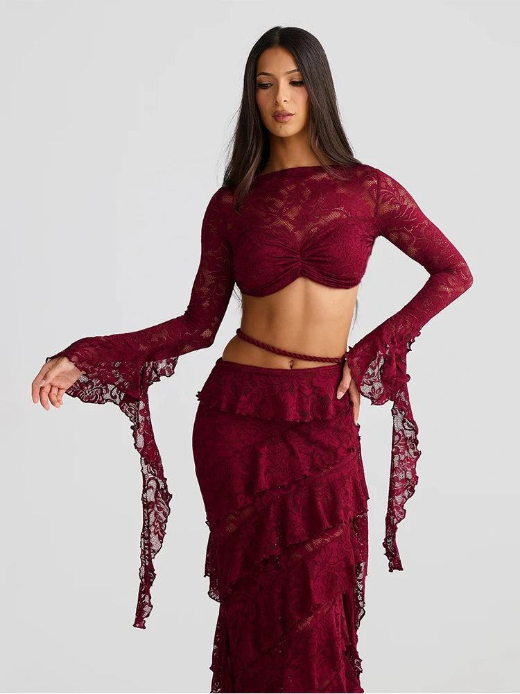 Midnight Coquette Lace Ruffle Crop Tee & Pleated Maxi Skirt Set VestiVogue