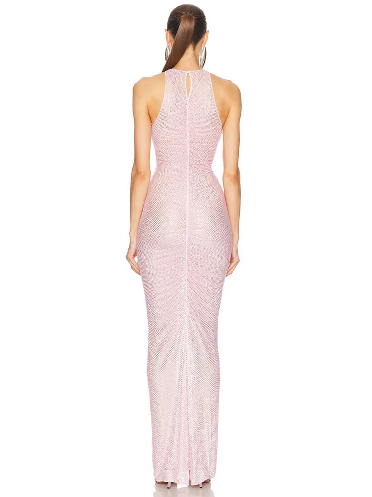 Backless Ruched Maxi Gown with Pink Diamond Detail VestiVogue
