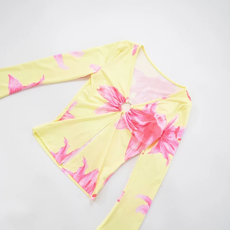 Floral Print V-Neck Slit Top and Mini Skirt Set VestiVogue