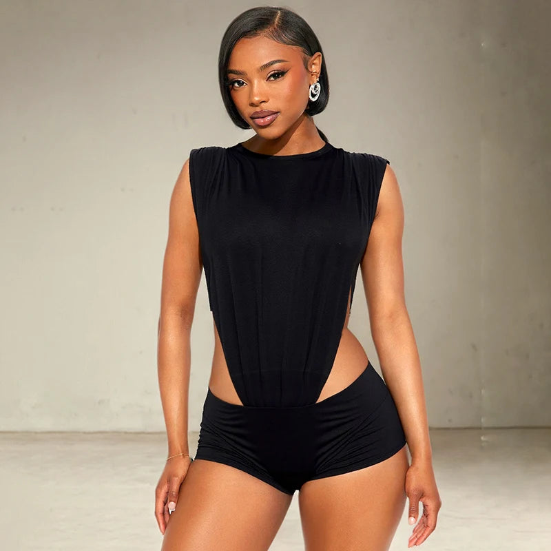 Sleeveless Hollow-Out Bodysuit & Ultra Short Pants Set VestiVogue Black M