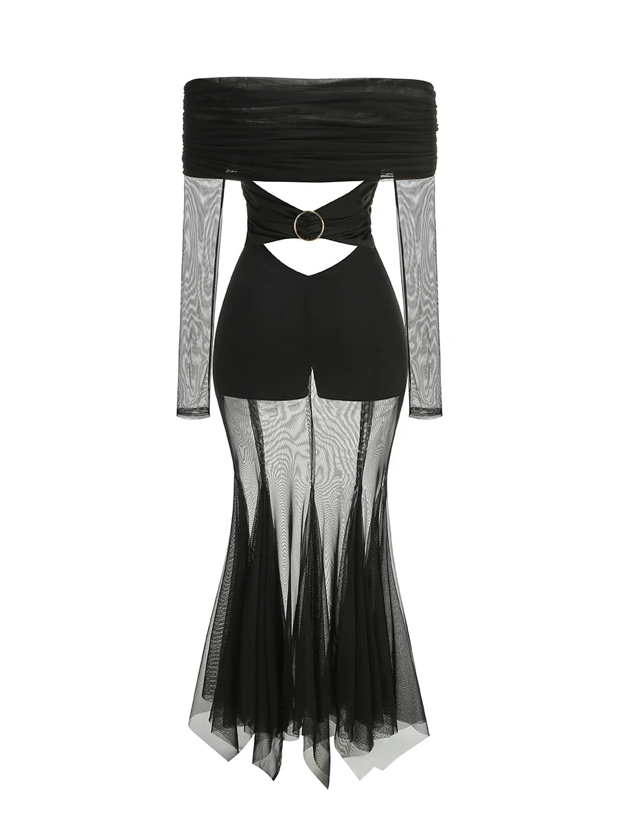 Sleeve Mesh Black Maxi Dress with Cut Outs VestiVogue  