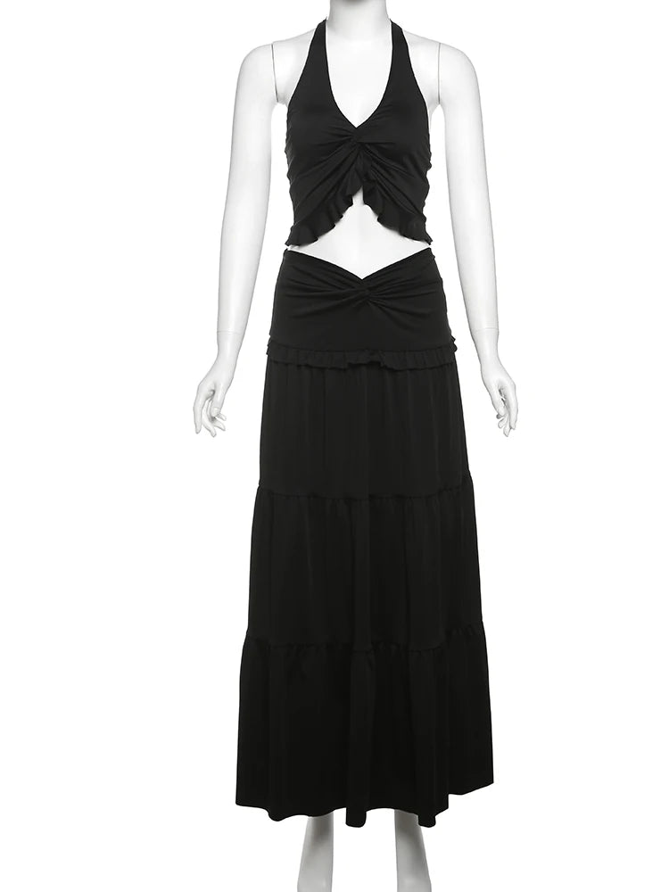 Chic Halter Ruffle Trim Two-Piece Summer Set VestiVogue black M