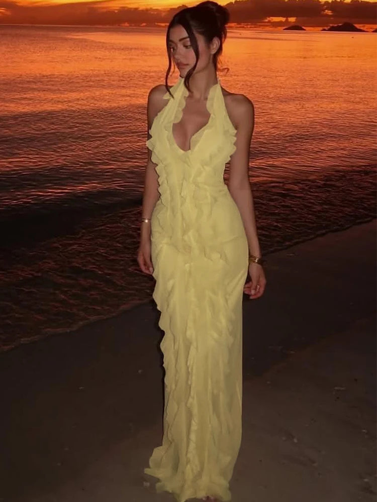 Halter Neck Backless Bodycon Dress with Lace-Up Detail VestiVogue Yellow S