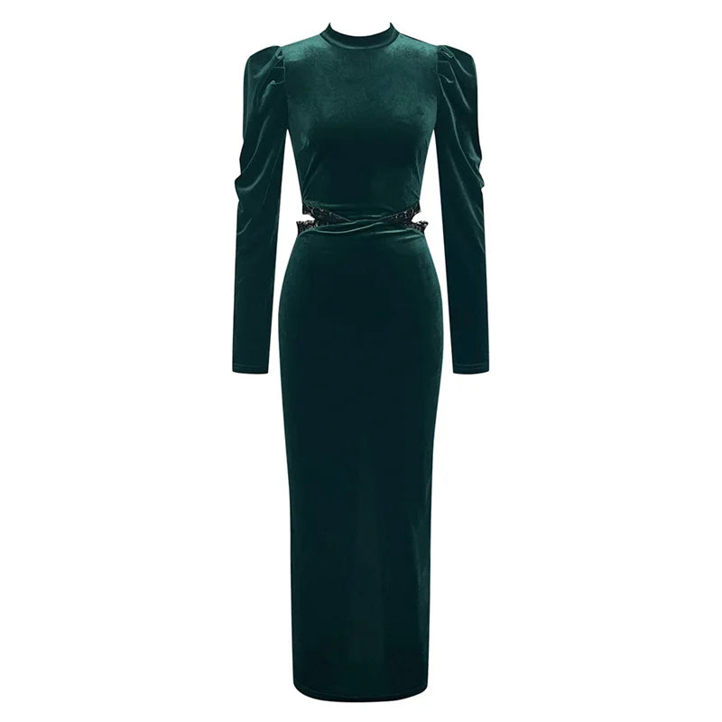 Dark Green Velvet Lace Bodycon Maxi Dress VestiVogue