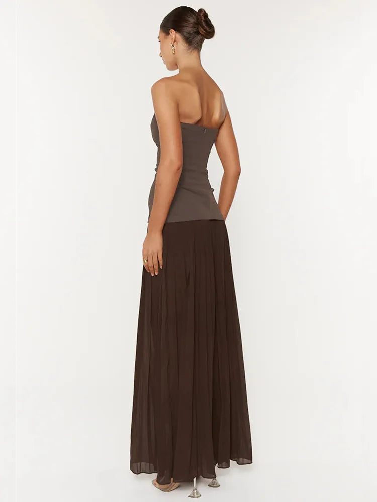 Chic Pleated Strapless Brown Mini Gown VestiVogue