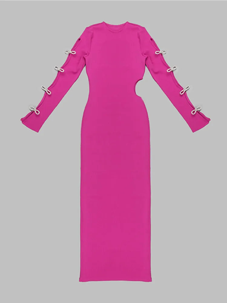 Hot Pink Crystal Bow Tie Long Sleeve Maxi Dress VestiVogue  