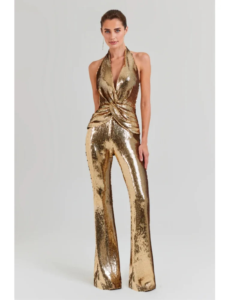 Gold Sequin Boot Cut Jumpsuit VestiVogue Gold M