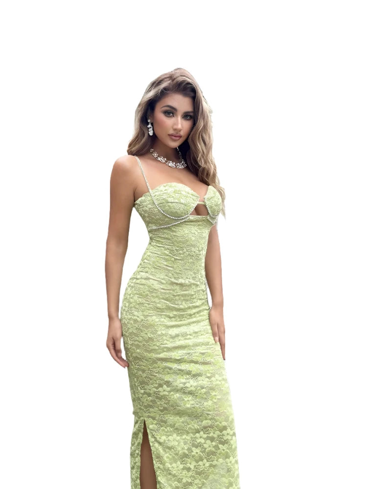 Lace Crystal Green Midi Dress VestiVogue  