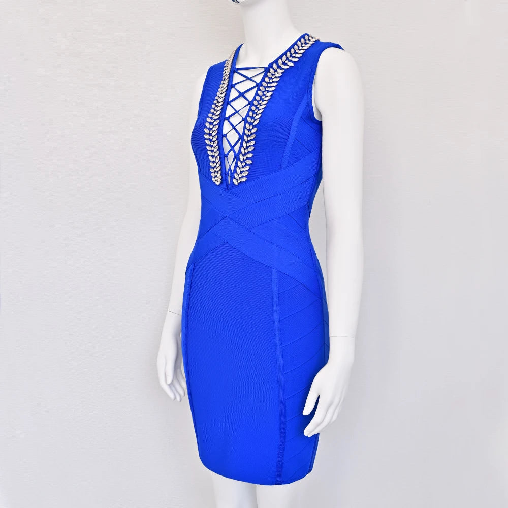 Luxury Blue Diamond Bandage Dress VestiVogue