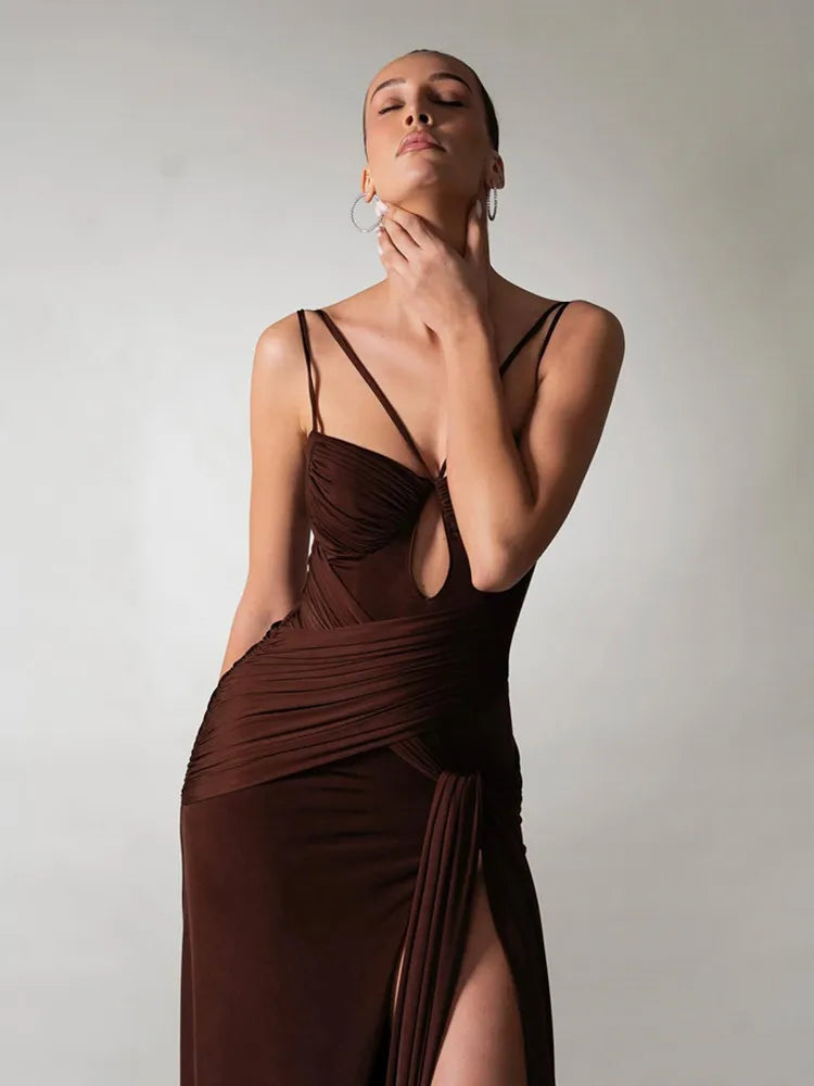 Elegant Brown Ruched Bodycon Maxi Gown VestiVogue