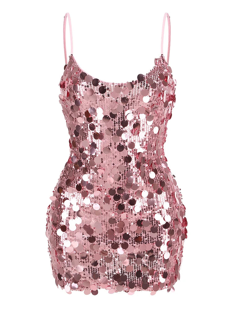 Sequin Pink Spaghetti Strap Mini Dress VestiVogue Pink XS