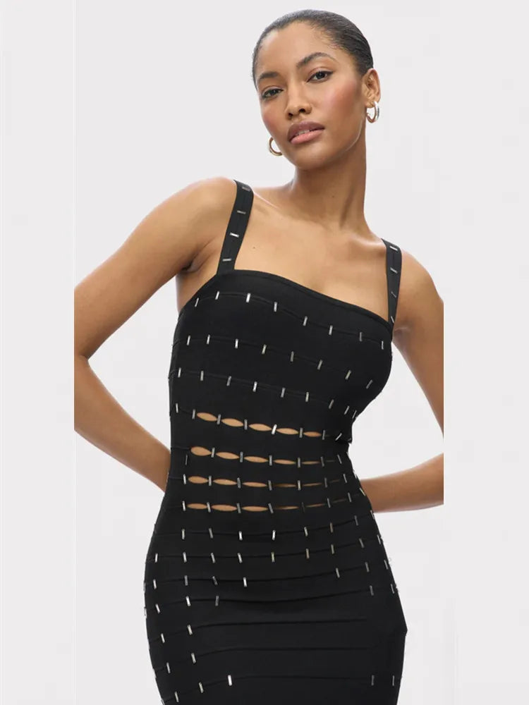 Elegant Black Beaded Sleeveless Bodycon Maxi Dress VestiVogue