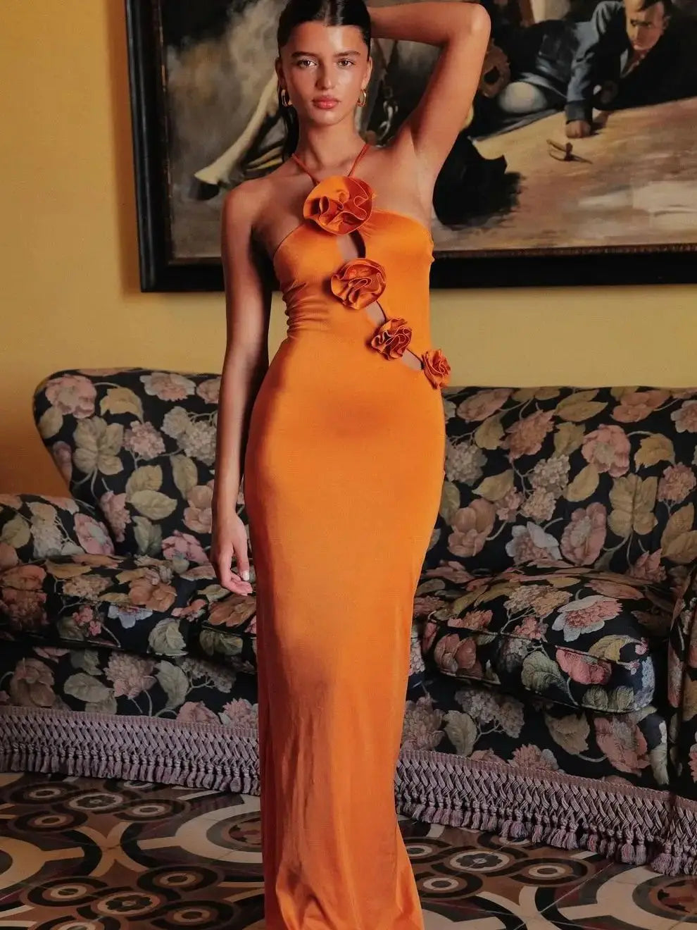 Luxury Cut Out Satin Maxi Long Dress VestiVogue Orange L